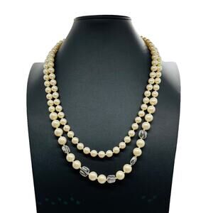 Monet Necklace Creamy Faux Pearl with Rhinestone & Silver Tone Toggle Clasp